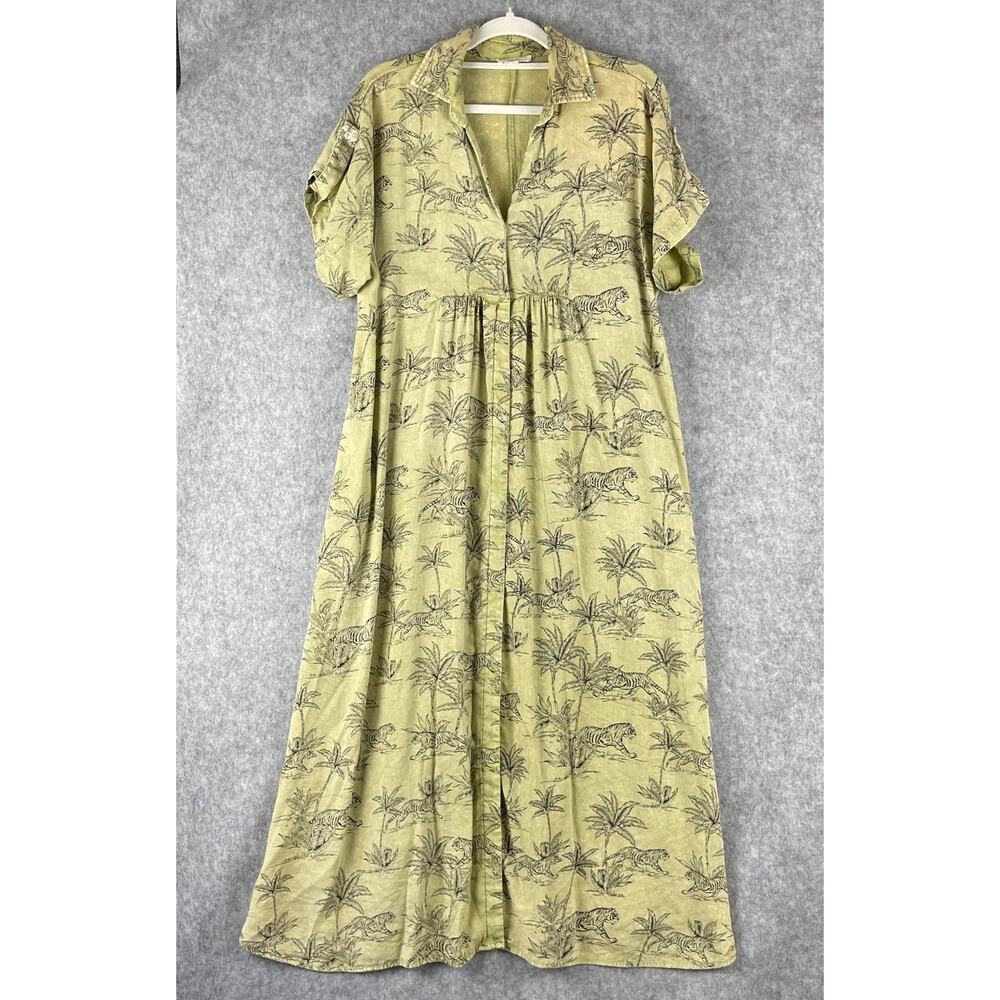 Easel Dress Small Green Tiger Print Button Front Midi Boho Safari Slits Roll Tab
